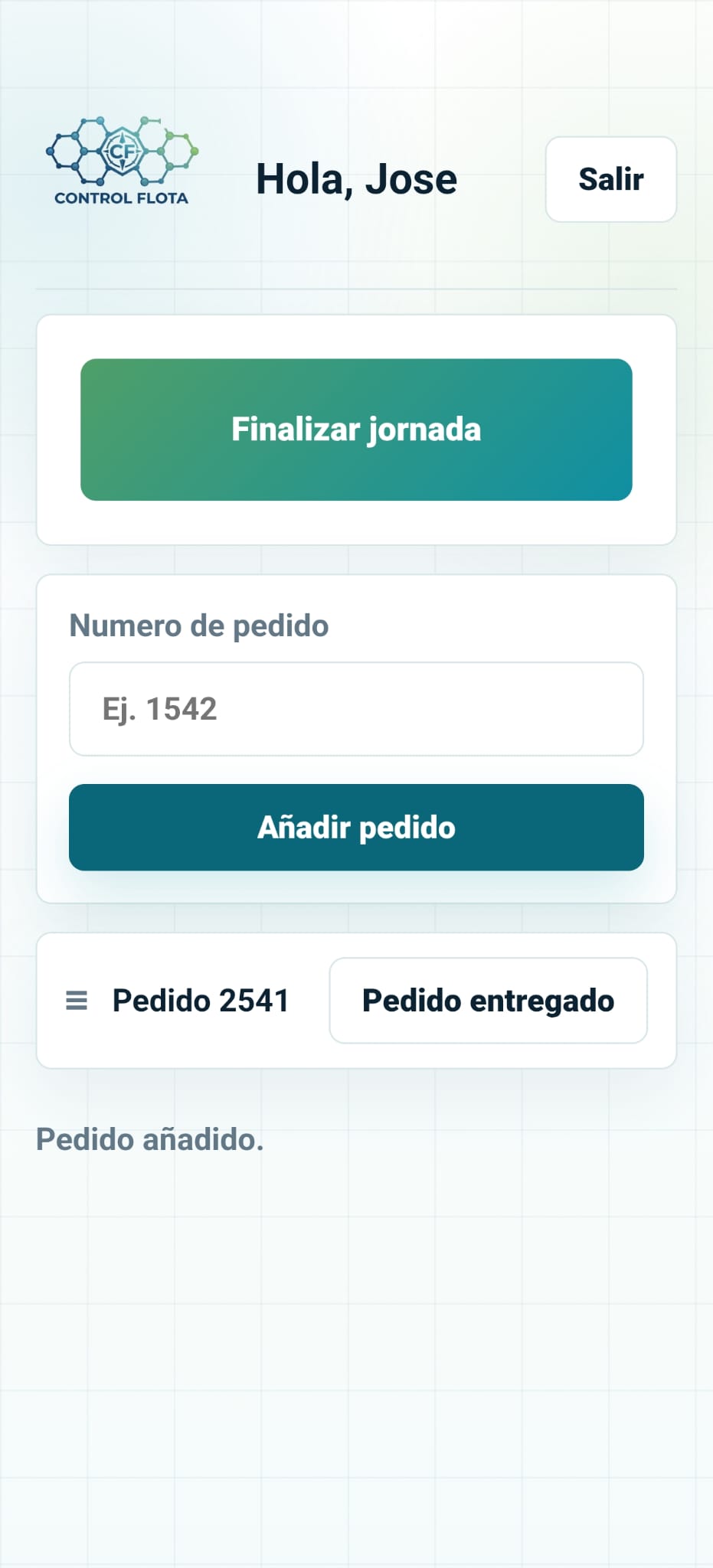 Pantalla de jornada y pedidos del empleado