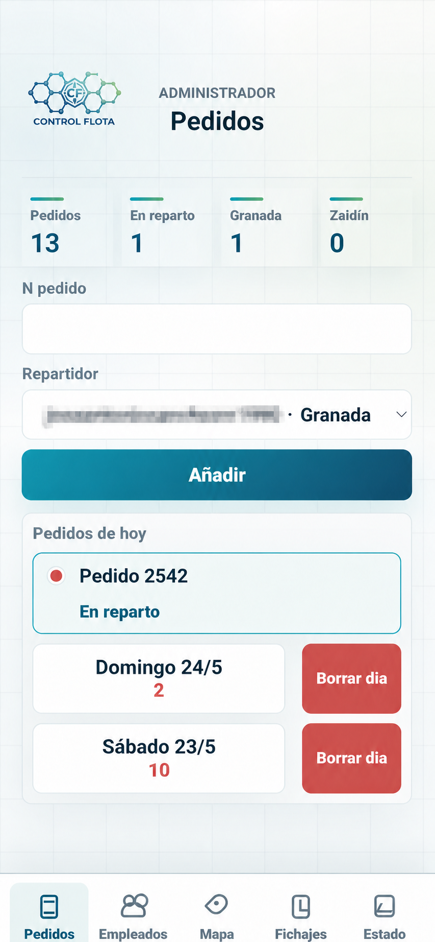 Pantalla de pedidos del administrador