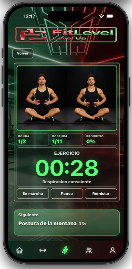 Clase guiada de yoga en FitLevelUp